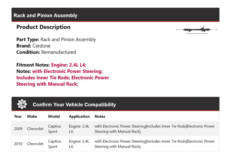 For 2009-2010 Chevrolet Captiva Sport 2.4L L4 Rack and Pinion Assembly Cardone - Image 2 of 4