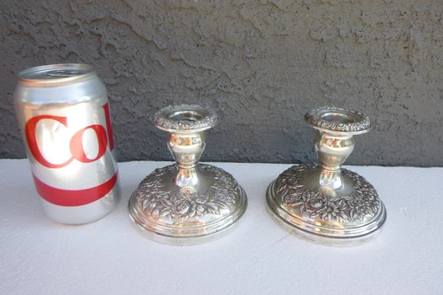 pair S KIRK & SON Sterling Candlesticks Candle Holders Textured Repousse Flower