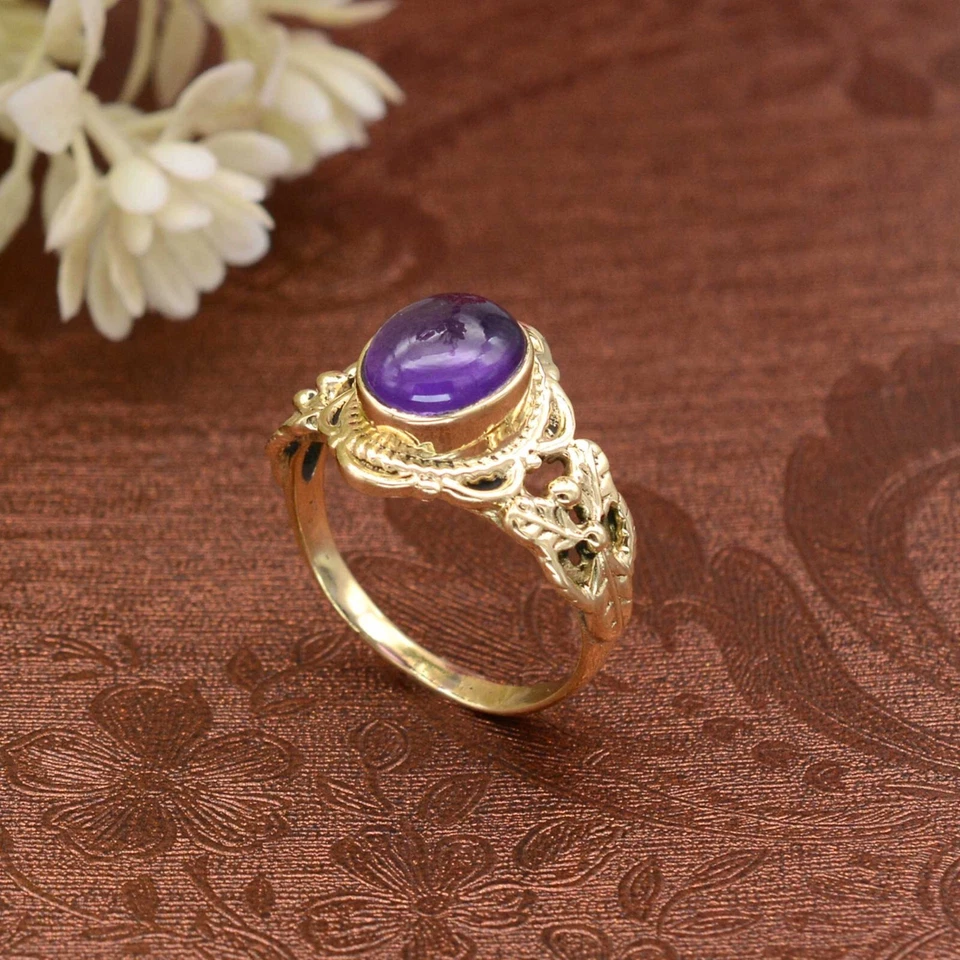 Anillo de Amatista Latón Oro Mujer Anillo Promesa Anillo de Compromiso Hecho a Mano Regalo para Ella Foto 3 de 4