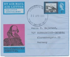 GB 23 APR 1964 SHAKESPEARE FESTIVAL 6d AIR LETTERS FDC's (BOTH!!) FDI LONDON.W.