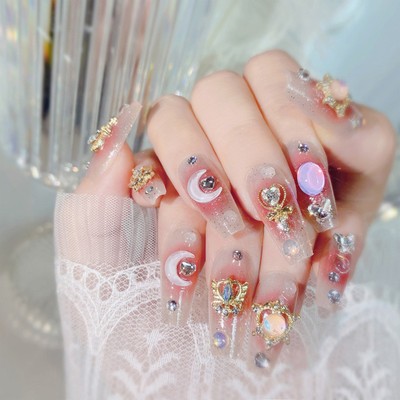 Animation Theme Pink Press on Nails Long Coffin Fake Nails with Rhinestone Nail
