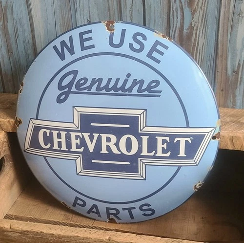 Vintage We Use Genuine Chevrolet Parts Porcelain Metal Sign Chevy Service