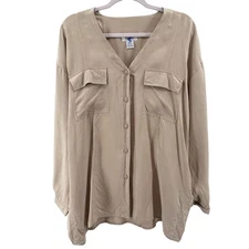 Sostanza Tan Silk Minimalist Top Womens L V-Neck Button Up Long Sleeve 100% Silk