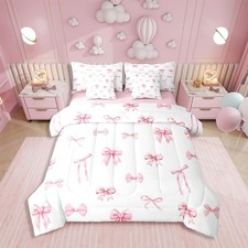 Pink Bow 7 Piece Comforter Set for Girls, Cute Bowknot Bedding Sets Bed in A ...