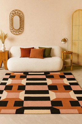 Handgetufteter geometrischer Teppich: Boho Mid Century Modern Design