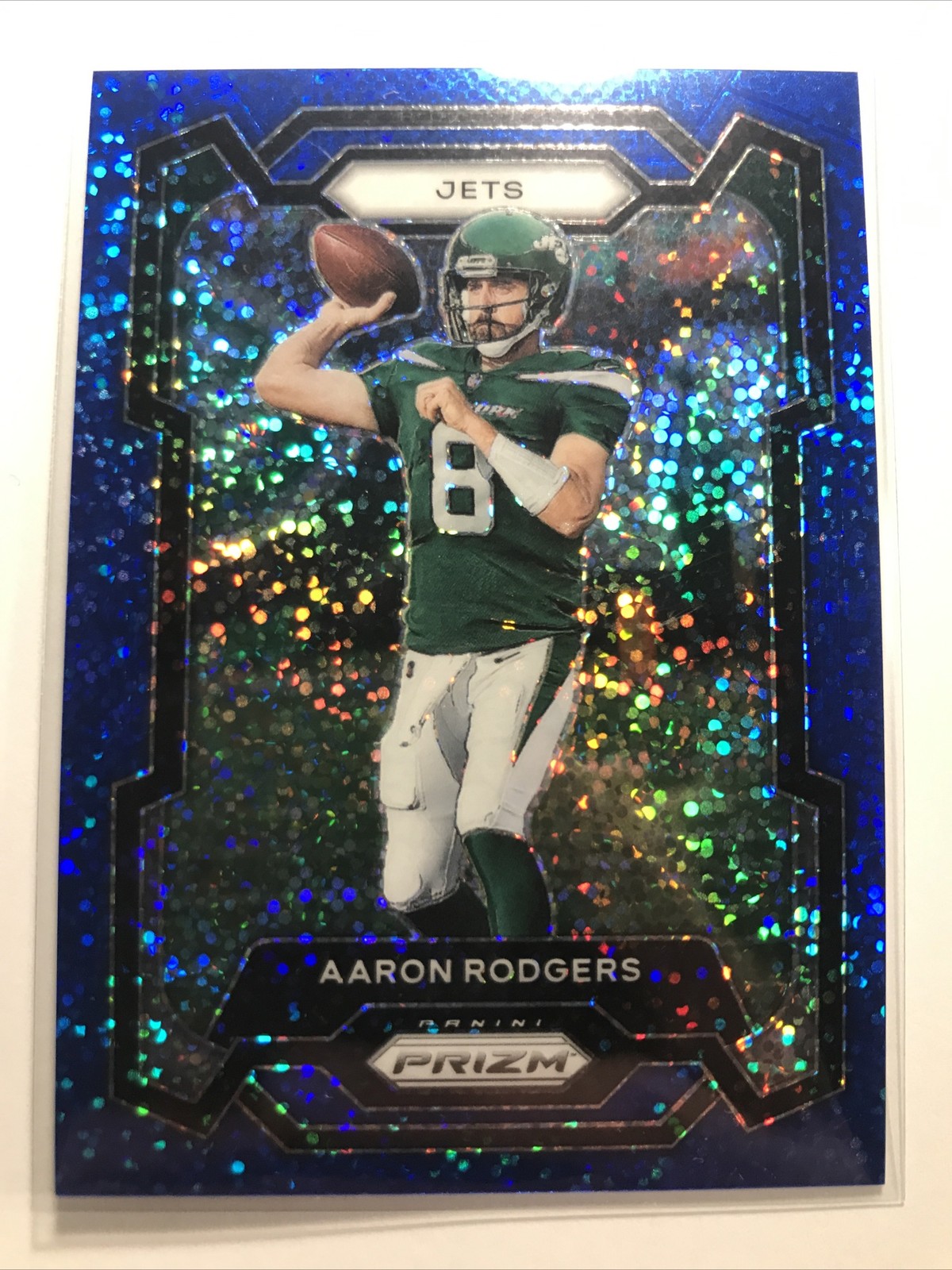 Aaron Rodgers 2023 Panini Prizm #227 BLUE SPARKLE PRIZM SP JETS /96
