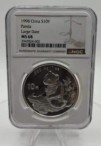 1998 LD China silver panda coin, 1 ounce, s10y, 10 yuan Graded MS68 by NGC