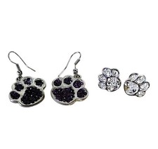 Paw Print Earrings Purple Sparkles Dangle  Silver Stud