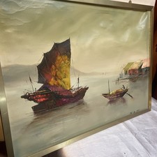 Stunning Oil Painting Chinese Junks & Building Signed W K man