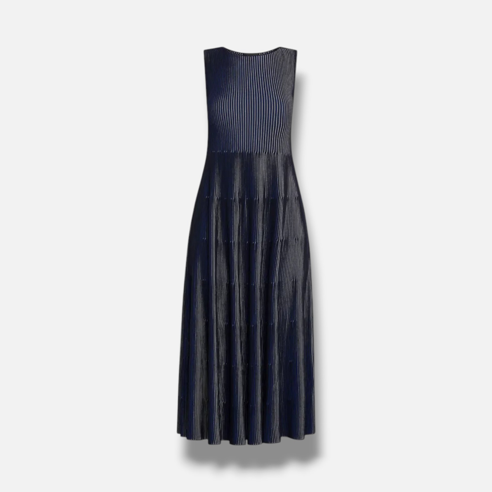 Emporio Armani Women's Blue Sleeveless Tiered Striped Knit Midi Dress Size 52