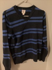 Lands End Kids Large 14-16 Navy Blue Stripe V Neck Sweater