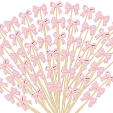 200Pcs Coquette Bow Cocktail Picks,4.7 Inch Pink 7.4 o inch,