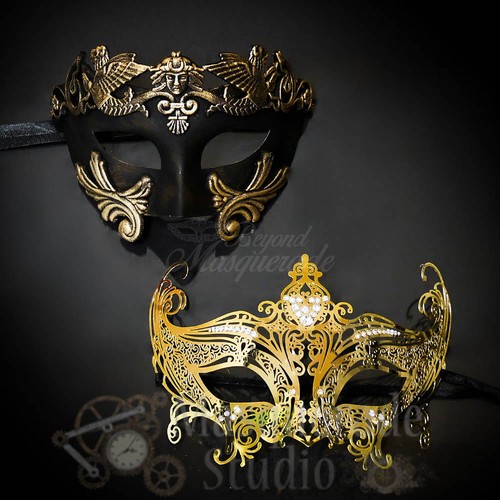 Couples Gold Roman and Gold Queen Costume Party Masquerade Masks Set - 第 1/4 張圖片