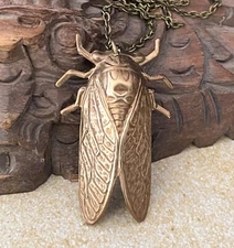 Cicada Necklace W/ Hidden Locket Stashbox Large Brass Egyptian Revival Pendant