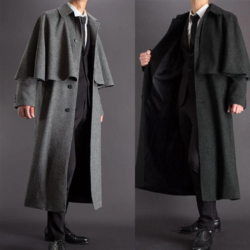 Gray Black Wool Blend Men's Overcoat with Cape Winter Warm