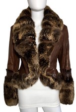 La Maison Aallard Genuine Brown Leather Jacket Real Brown Fur Trim Collar &cuffs