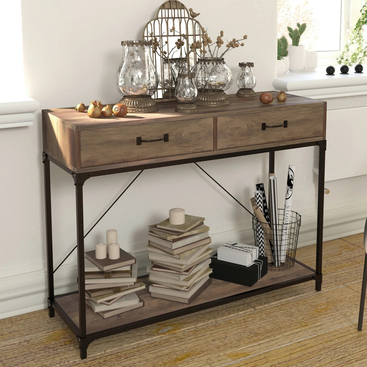 Console Side End Table W 2 Drawer Shelf Hallway Wooden Furniture 2 Tire Storage