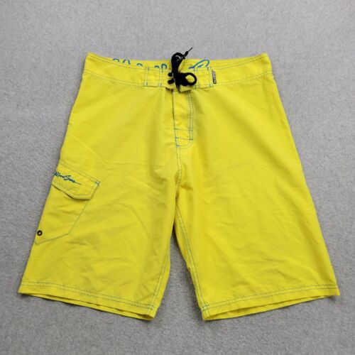 Maui and Sons Board Shorts Mens 34 Cargo Yellow Blue Drawstring Swim Surf Trunks