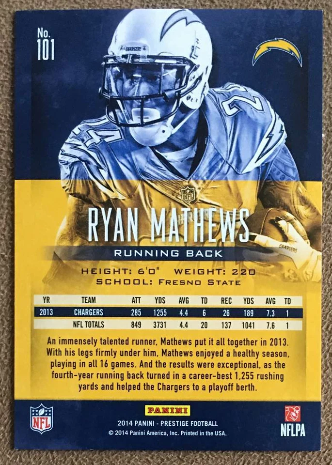 Ryan Mathews 2014 Panini Prestige Extra Points Purple #101 /100 Parallel Charger - Image 2 of 2