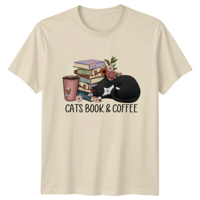 Katzen Buch & Kaffee T-Shirt, Bücherliebhaber, Katzenliebhaber, Kaffee, Hobbys