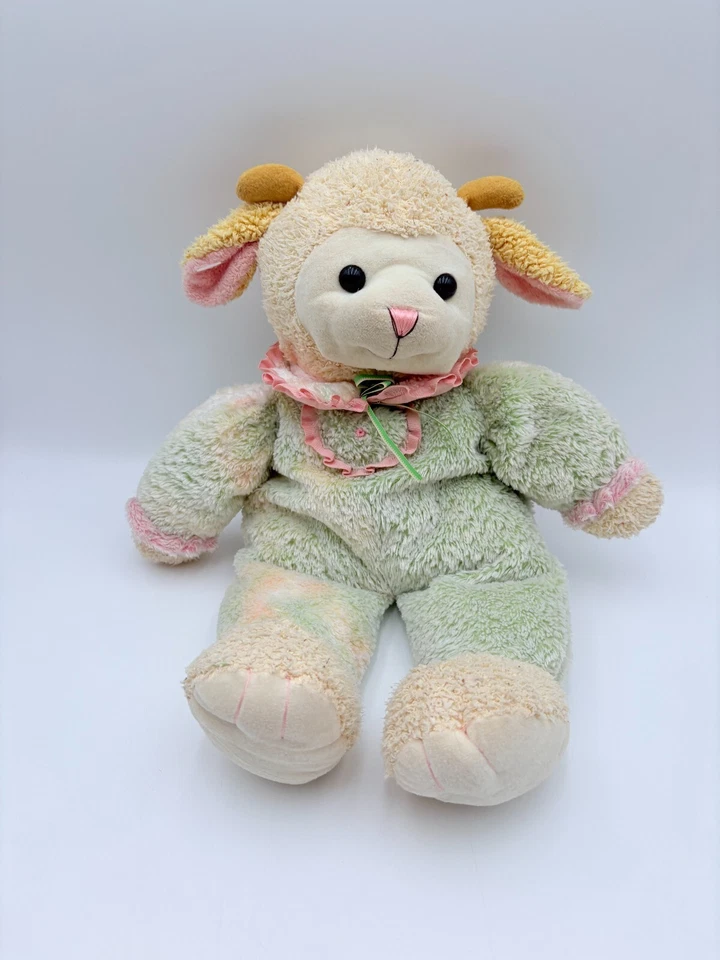 Винтажный ягненок плюшевый зеленый желтый наряд розовый воротник шеи козлиные рога 18» - Изображение 3 из 4