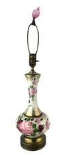 Hand Painted Ceramic Table Lamp Pink Roses Purple Leaves Gold Trim 20"