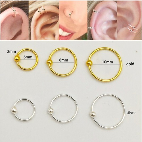 925 Sterling Silver Hoop Ring Bead Sleeper Earrings Lip Ear Nose Body Piercing - Picture 2 of 5