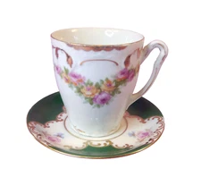 Mitterteich Bavaria Demitasse Cup Saucer Unmatched Green Gold Flowers Germany