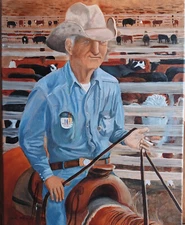 Original oil painting western horse cowboy  cattle saleyard C Proebstel