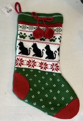 Cat Christmas Stocking Knitted W/Pom Poms (Felt Back) Paws Pet Kitty NWT