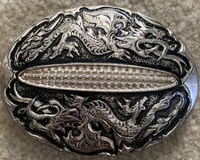 Dragons Embossed Silver Color Metal Belt Buckle - Vintage USA