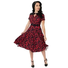 Unique Vintage X The Birds Estelle Swing Dress Red Black Bird Print Retro Size M