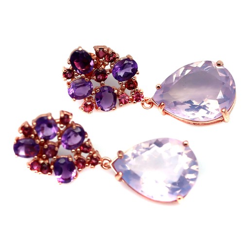 925 Plata 12 x 16 Mm. Lavanda Cuarzo, Amatista Y Rodolita Granate de Pendientes - Imagen 2 de 4