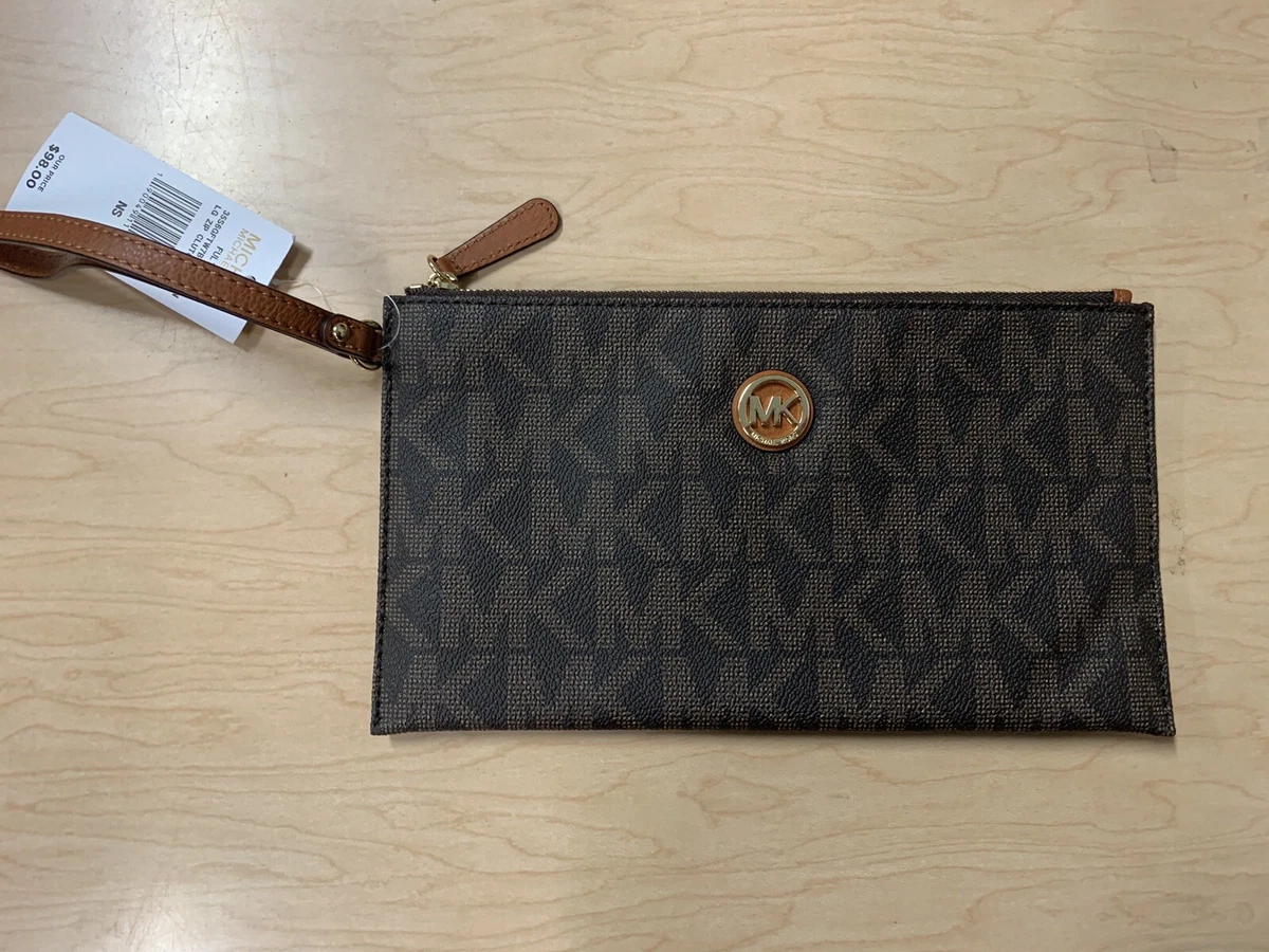 Michael Kors Fulton Large Zip Clutch Wristlet Brown Logo NEW