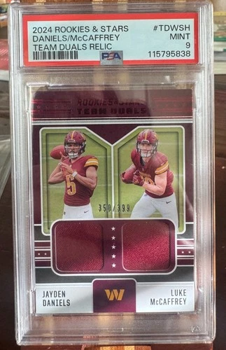 2024 Rookies & Stars #TDWSH Jayden Daniels / McCaffrey Dual Patches /399 PSA 9