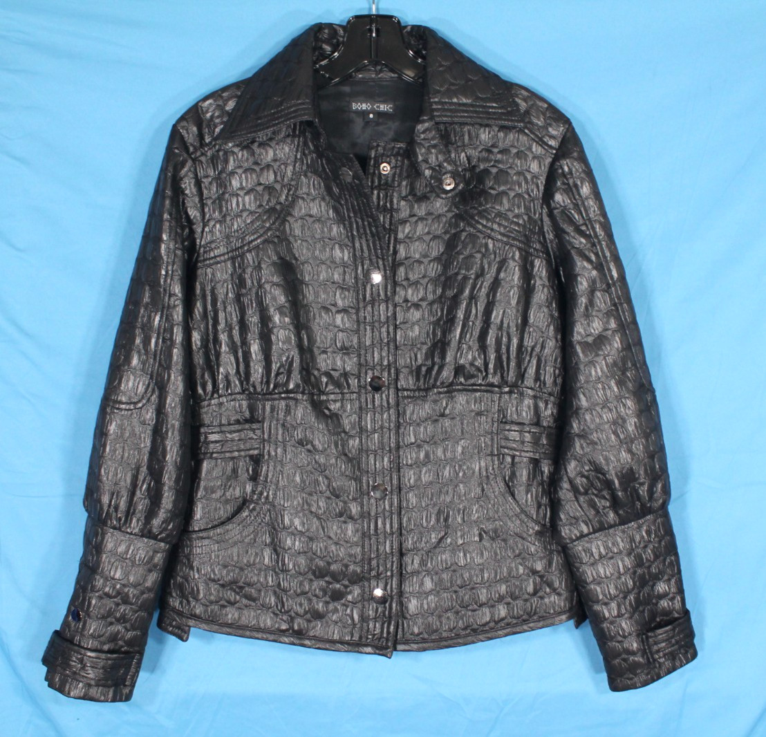 BOHO CHIC Black TEXTURED FAUX LEATHER Snap JULIET SLEEVE Pockets JACKET Sz 8
