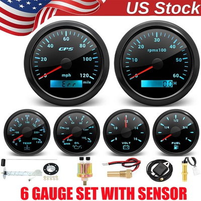 #ad 6 Gauge Set 85mm GPS Speedometer 120MPH Tacho Fuel Oil Temp Volt with Sensor US $149.30