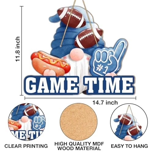 Football Sign Game Time Football Gnome Wood Hanging Sign Football Sports  — 第 3/4 张图片