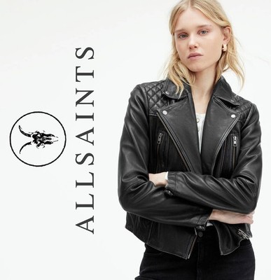 NP~390  ALL SAINTS Biker Leather Jacket, Slim Fit, Quilted, M UK10 US6 EU38 Black