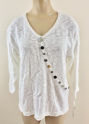 LULU B NWT Womens Sz Small White Cotton Knit 3/4 Sleeve V-Neck Button Accent Top
