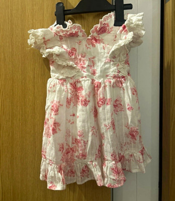 Drama Queen weiß & rosa Blumen A-Linie quadratischer Ausschnitt Rüschen Kleid 12-18M