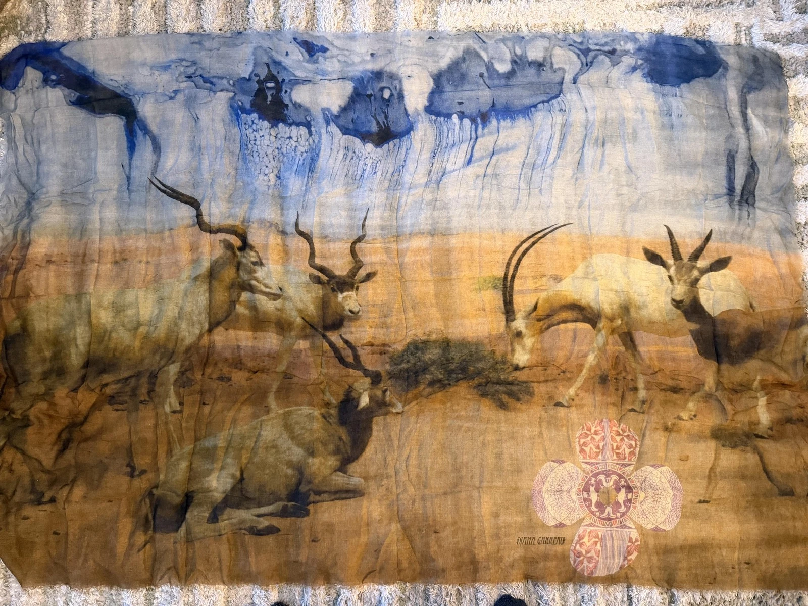 Diana Garreau Scarf Womens LIMITED Brown Silk Wool Cashmere Wildlife Desert