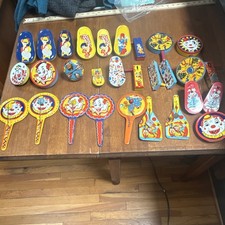 Vintage Tin Circus Clown  Jester Noisemakers Set of 29 Multicolor Party