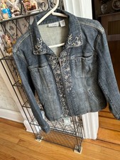 CHIC CHICO'S PLATINUM COTTON/LYCRA SILVER METALLIC EMBROIDERED DENIM JACKET SZ 2