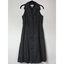 Talbots Petites 90's Black White Polka Dot Sleeveless Button Front Midi Dress 2P