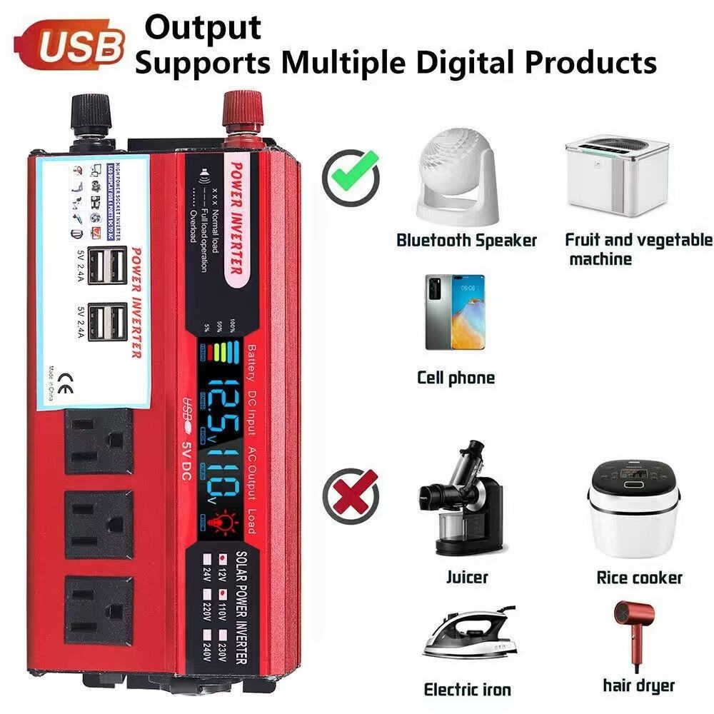 5000W Car Power Inverter DC 12V To AC 110V Pure Sine Wave Solar Converter LCD