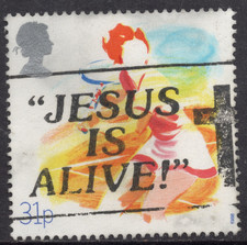   JESUS IS ALIVE   + CROSS GB SLOGAN CANCEL used 31p TENNIS stamp