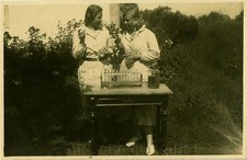 Women with chemistry flasks outdoor lab antique photo