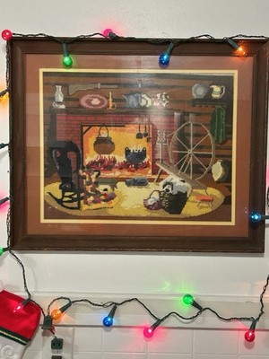 Rare Mary Smith Cozy Farm House Needlepoint Fireplace Picture 12''x 20'' Christmas