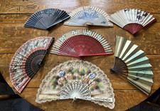 Lot of 7 Vintage Ladies Fans Lace Hand Painted Japan Airlines Violets More